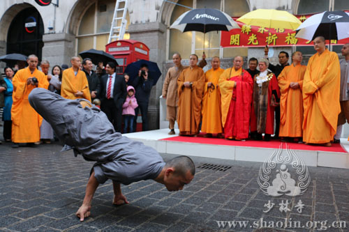 Un discípulo realiza demostraciones durante el 3er Festival Cultural de Shaolin en Londres, Gran Breta?a. [Foto / Xinhua] 