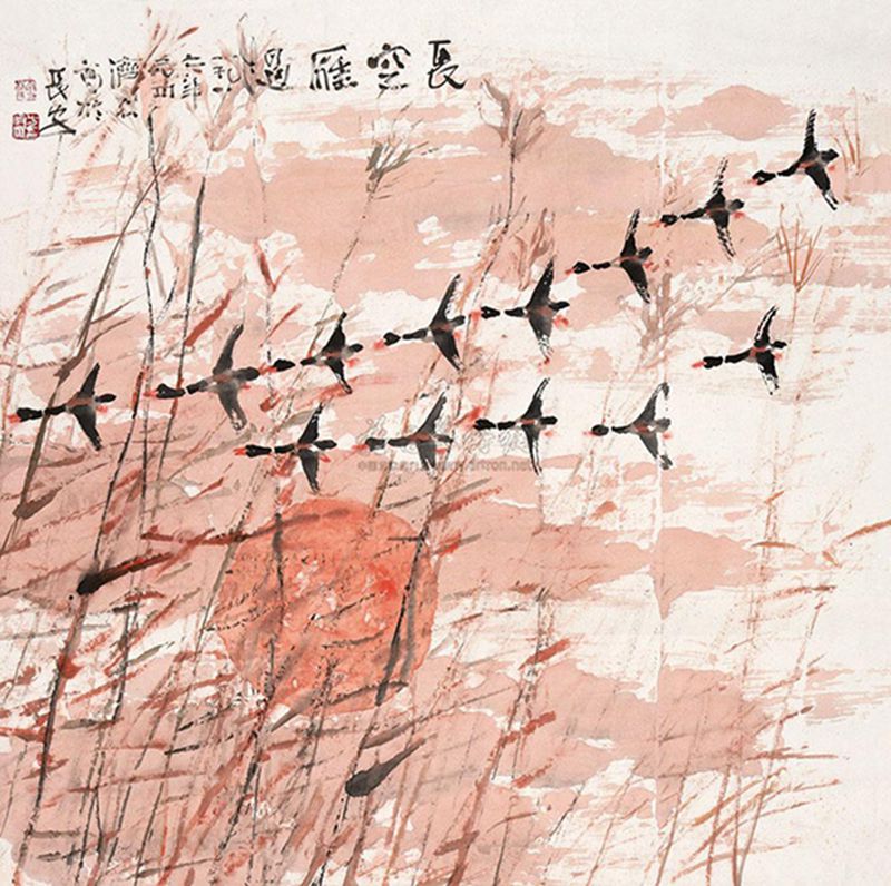 Gansos volando sobre las ca?as por Fang Jizhong [Foto: artron.net]
