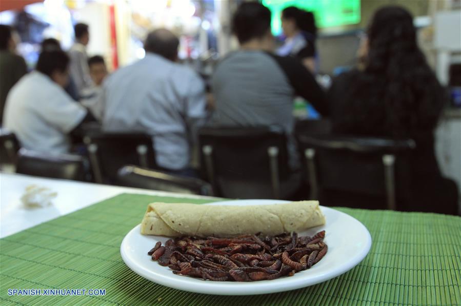 Imagen del 31 de marzo de 2017, de gusanos de maguey listos para comerse en un restaurante en el Mercado de San Juan en la Ciudad de México, capital de México. De acuerdo con información de la prensa local, en el Mercado de San Juan, ubicado en el centro de la Ciudad de México, se sirven platillos preparados con tarántulas, escorpiones y más insectos. Los insectos, ricos en proteínas, formaban una parte importante de la dieta de los pobladores prehispánicos de México. (Xinhua/Str)