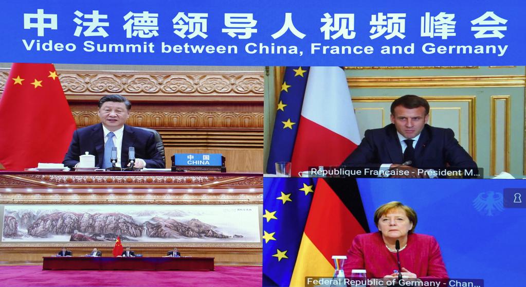 El presidente chino, Xi Jinping, participa en una Video Cumbre sobre el Clima con el presidente francés, Emmanuel Macron, y la canciller alemana, Angela Merkel, en Beijing, capital de China, el 16 de abril de 2021. (Xinhua/Yue Yuewei)