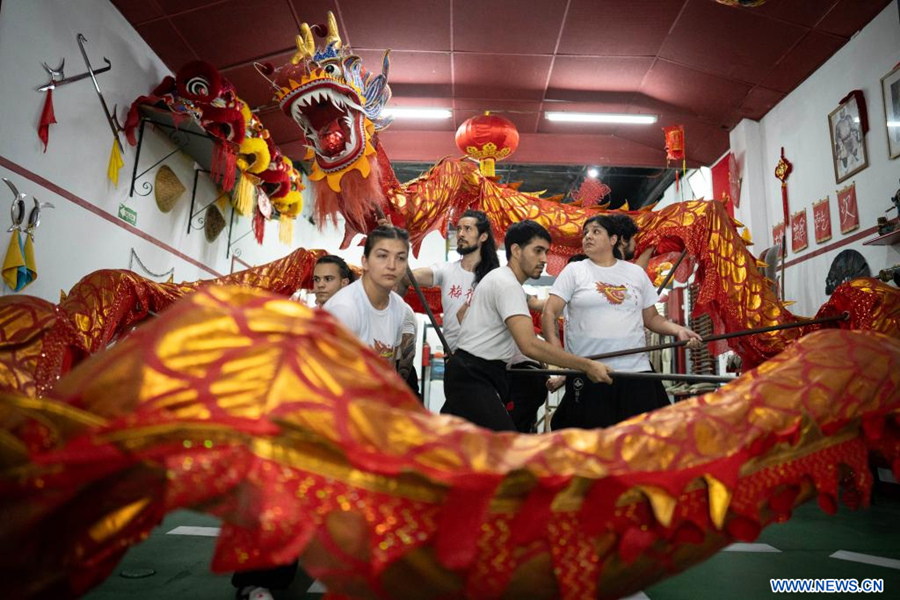 LA PLATA, 20 enero, 2024 (Xinhua) -- Imagen del 9 de enero de 2024 de integrantes de la escuela Mei Hua de Kung Fu tradicional practicando la danza del dragón previo a participar en las celebraciones en Argentina por la Fiesta de Primavera del A?o del Dragón en la sede de la escuela, en la ciudad de La Plata, Argentina. El dragón chino, un emblema de la milenaria cultura del país asiático, se prepara en Argentina para rugir durante los festejos por el A?o Nuevo Lunar que se harán en las ciudades de Buenos Aires y La Plata, de la mano de maestros y estudiantes de una escuela de arte marcial chino que lo ponen a punto con dedicación y esmero. (Xinhua/Martín Zabala)