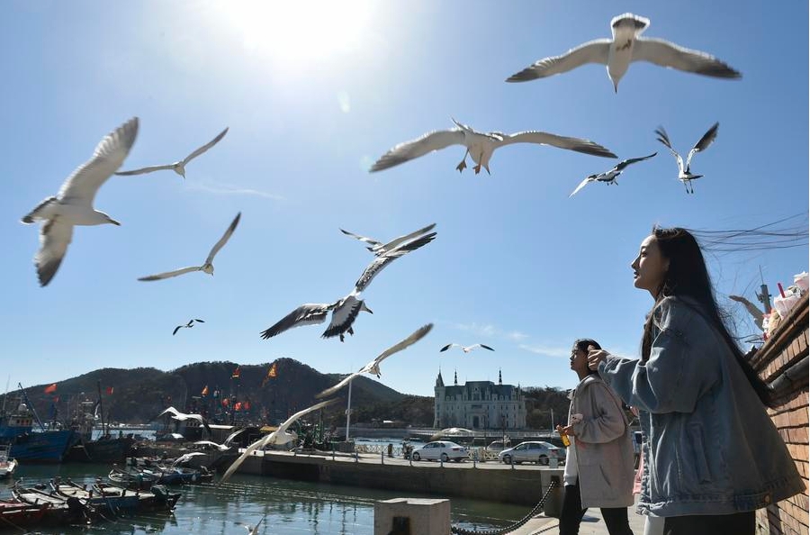 Turistas observan aves en el área paisajística de Laohutan en Dalian, en la provincia nororiental china de Liaoning, el 16 de abril de 2024. (Xinhua/Lu Peng)