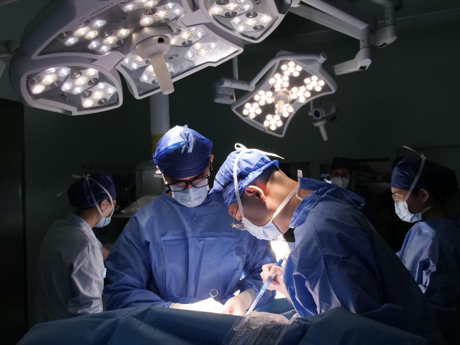 La foto, proporcionada por el entrevistado, muestra al cirujano espa?ol Diego González Rivas (segundo a la izquierda) en una operación junto con sus compa?eros del Hospital Neumológico de Shanghai, en el este de China, el 13 de noviembre de 2024. (Xinhua)