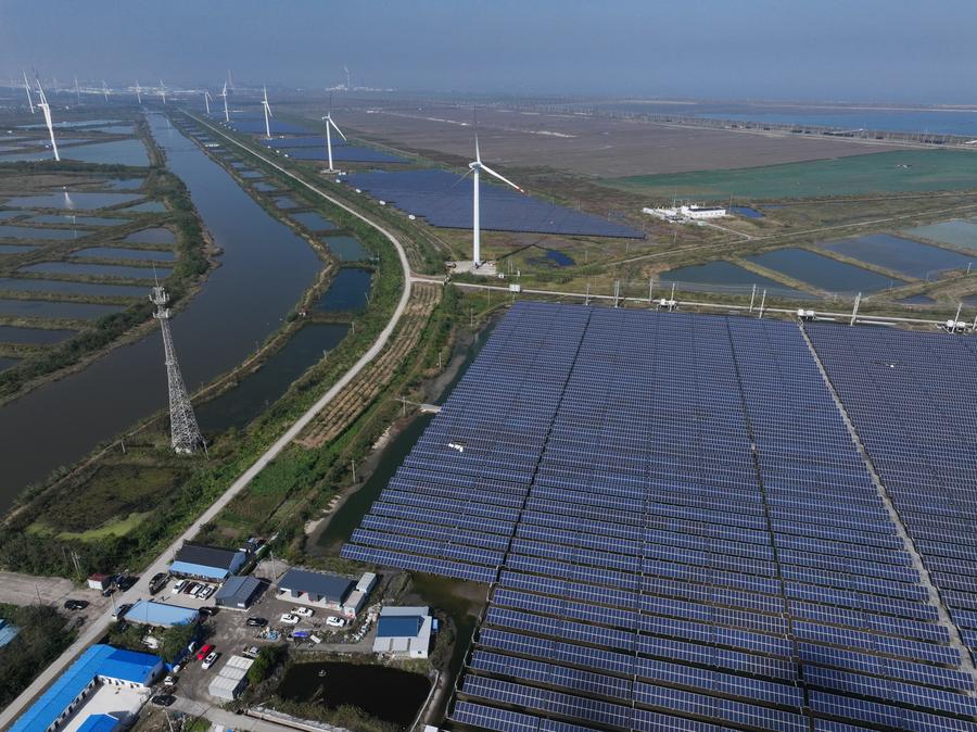 Vista aérea tomada con un dron mostrando un proyecto de energía fotovoltaica en el distrito de Rudong de la ciudad de Nantong, provincia de Jiangsu, en el este de China, el 3 de noviembre de 2024. (Xinhua/Li Bo)