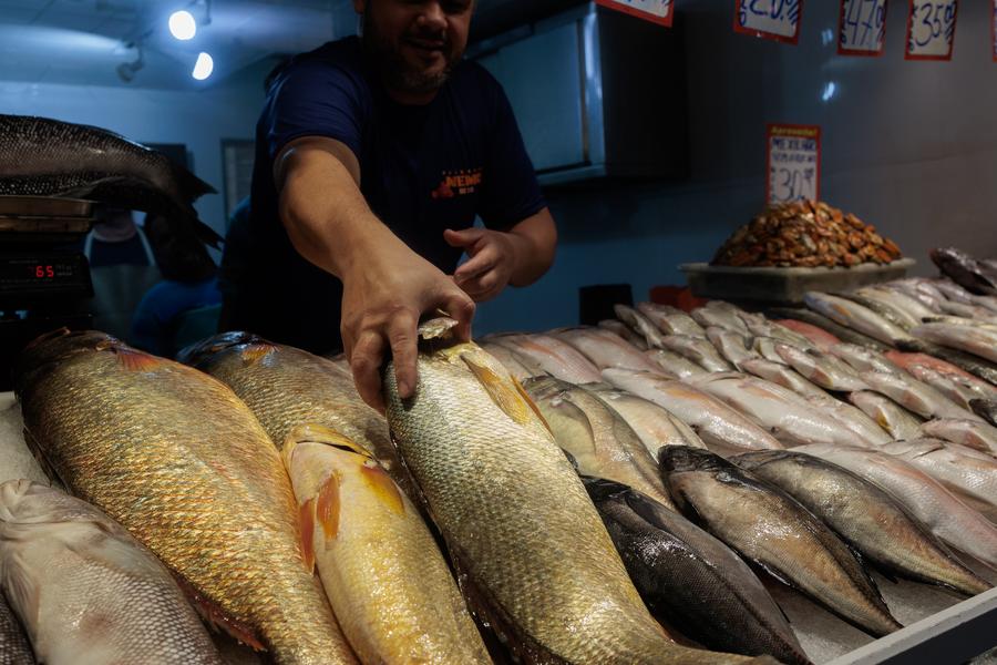 Un vendedor elige un pescado para su venta en el Mercado de Pescado de San Pedro, en Niterói, en el estado de Río de Janeiro, Brasil, el 19 de diciembre de 2024. (Xinhua/Claudia Martini) 