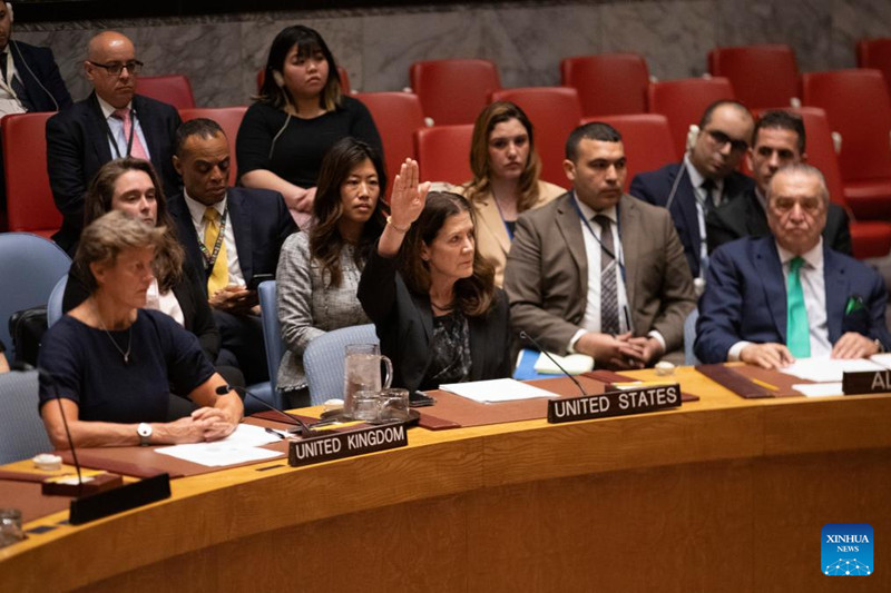  La representante interina de Estados Unidos ante las Naciones Unidas, Dorothy Shea (c-frente), vota en contra de un proyecto de resolución del Consejo de Seguridad de la ONU en la sede de la ONU, en Nueva York, el 4 de junio de 2025. Estados Unidos vetó el miércoles un proyecto de resolución del Consejo de Seguridad de la ONU que habría exigido un cese al fuego inmediato en Gaza y levantar de inmediato todas las restricciones a la ayuda humanitaria. (Xinhua/Xie E)